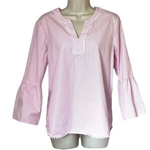 Marc New York | Andrew Marc Striped Boho Embellished Neck & Hem Top | Size Small